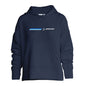 The Boeing Women's Signature Logo Stripe Hoodie by BOEING features a navy blue design with a front pocket, thumb holes, and a chest logo of blue stripes and an aircraft for a sleek, casual look.