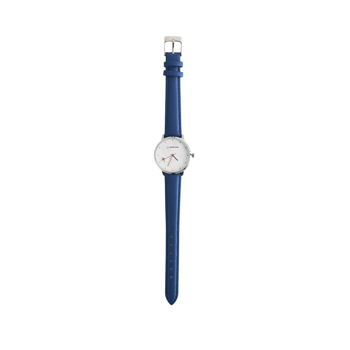 The Boeing Women's Rotating Watch by BOEING features a round white dial, silver casing, and blue leather strap with precise Japan quartz movement. It is displayed vertically on a white background.