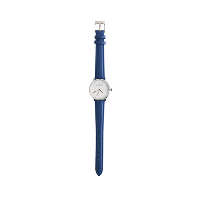 The Boeing Women's Rotating Watch by BOEING features a round white dial, silver casing, and blue leather strap with precise Japan quartz movement. It is displayed vertically on a white background.