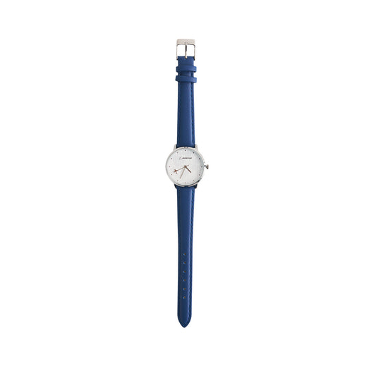The Boeing Women's Rotating Watch by BOEING features a round white dial, silver casing, and blue leather strap with precise Japan quartz movement. It is displayed vertically on a white background.
