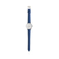 The Boeing Women's Rotating Watch by BOEING features a round white dial, silver casing, and blue leather strap with precise Japan quartz movement. It is displayed vertically on a white background.