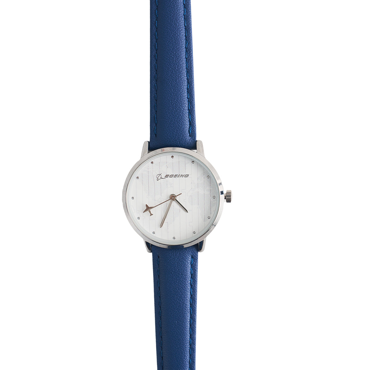 The Boeing Women's Rotating Watch features a white dial, silver bezel, silver hands, and Boeing logo. It has minimal hour markers, a blue leather strap, reliable Japan quartz movement, and is shown against a white background.