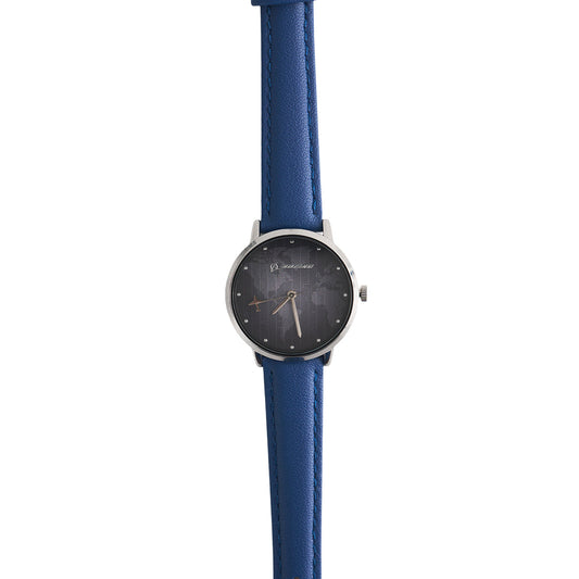The BOEING Women's Rotating Watch features a black round dial, silver-tone case, blue leather strap, Japan quartz movement, minimalist hour and minute hands, and a subtle geometric pattern on the face.