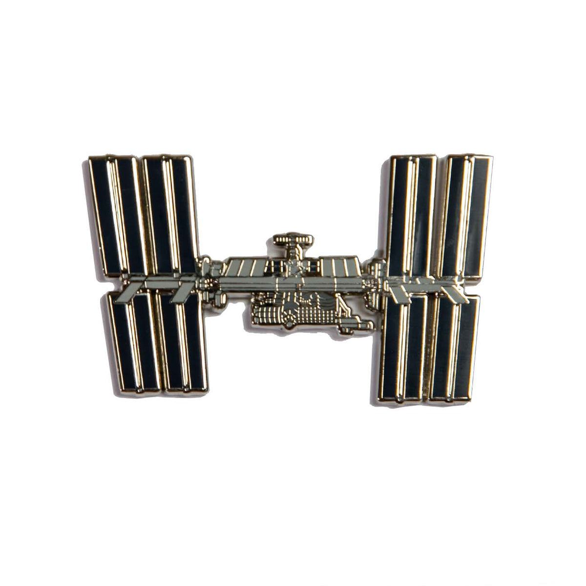 The Boeing ISS Illustrated Magnet by The Boeing Store showcases a metal model of the International Space Station on a white background. The detailed solar panels and modules are vividly highlighted with enamel color fill, reflecting the iconic design of the real ISS.