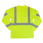 The Boeing Stores Boeing Class 3 Safety Long Sleeve T-Shirt in bright yellow features Xtreme-flex™ technology, moisture-wicking fabric, and reflective gray stripes on the chest, arms, and shoulders for high visibility.