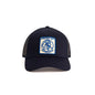 Blue and black mesh trucker cap with a vintage logo patch displaying a plane illustration and Boeing Vintage 747 Incredibles in blue and yellow, by The Boeing Store.