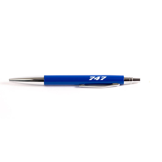 The Boeing Store’s Boeing 747 Stratotype Pen is a blue and silver retractable ballpoint pen with 747 in white on the barrel, ideal for aviation fans and shown horizontally on a white background.