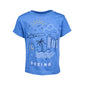 Boeing Commercial Doodle Toddler T-Shirt: Blue tee with a travel-themed graphic featuring an airplane flying over palm trees, ocean waves, cityscapes, and Boeings iconic name. Perfect for adventurous toddlers!.