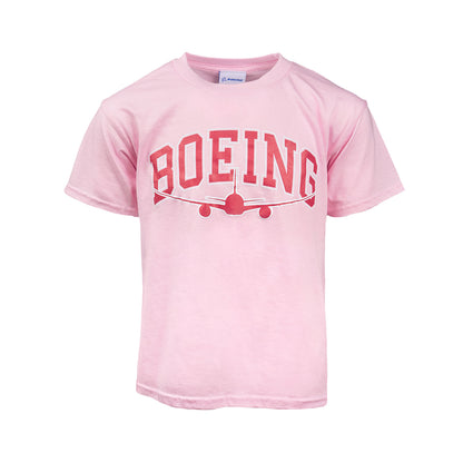 Pink t-shirt with a dark pink Boeing Varsity logo across the chest with a front face outline of a commercial aircraft.