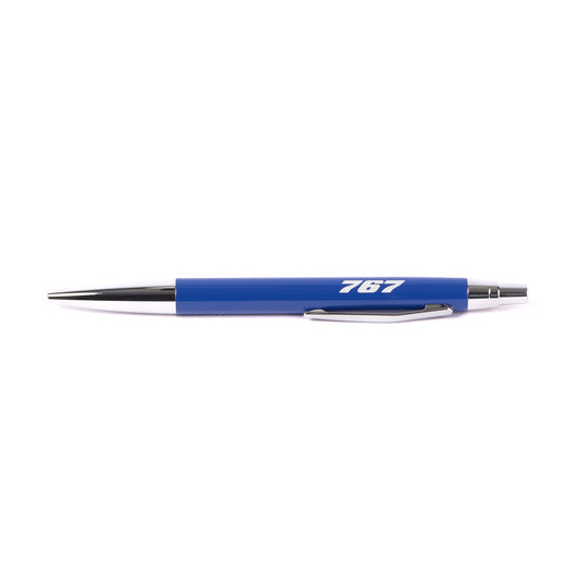 The Boeing Stores Boeing 767 Stratotype Pen is blue with a silver tip and clip, uses Parker-type refills, and has 767 printed in white. A perfect gift for aviation enthusiasts, its shown horizontally on a plain white background.