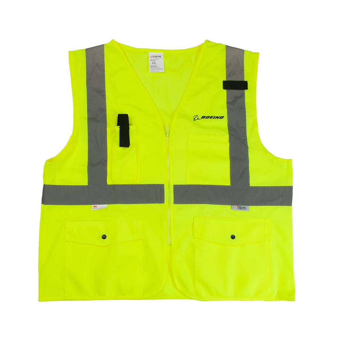 The Boeing Stores Boeing Class 2 Surveyor Safety Vest offers Xtreme Visibility with its bright yellow color, gray reflective stripes, multiple pockets, zipper front, accessory loops, and prominent chest logo. It meets ANSI 107-2015 safety compliance standards.