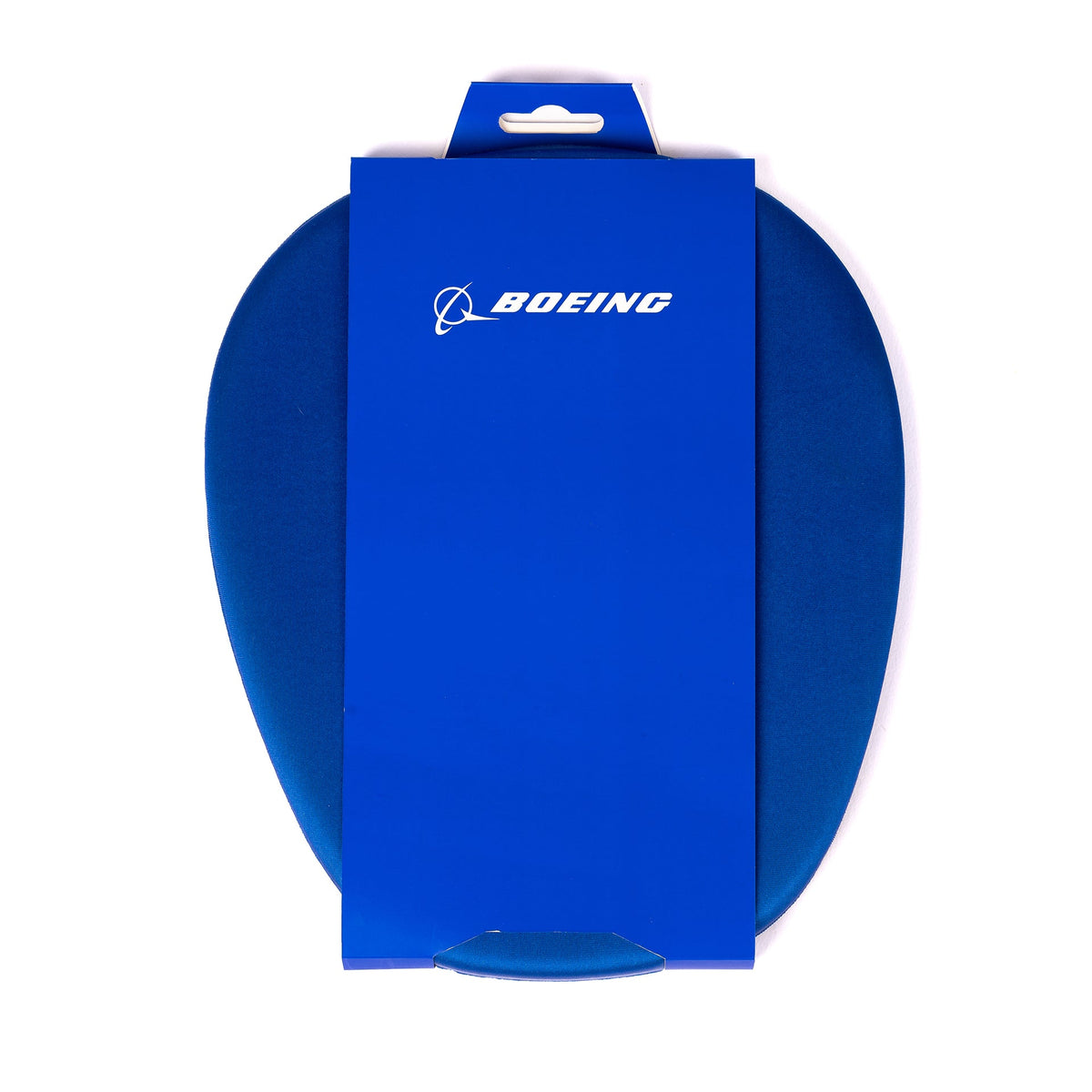 The Boeing Stores blue Memory Sponge Mousepad, designed for comfort, features Boeing-themed packaging and is shown on a white background.