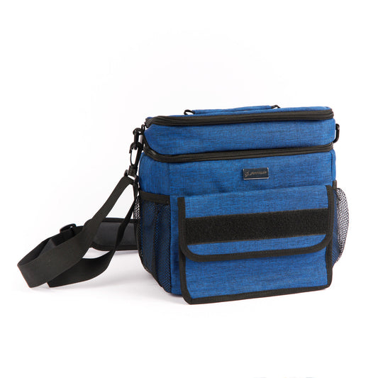 The Boeing Stores Boeing Double Deck Lunch Box is a blue insulated cooler bag with a thermal layer and black adjustable shoulder strap, featuring a zippered top compartment, mesh side pocket, and front flap pocket. Its displayed on a white background.