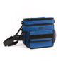 The Boeing Stores Boeing Double Deck Lunch Box is a blue insulated cooler bag with a thermal layer and black adjustable shoulder strap, featuring a zippered top compartment, mesh side pocket, and front flap pocket. Its displayed on a white background.