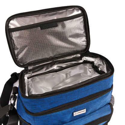 The Boeing Stores Boeing Double Deck Lunch Box is a blue soft cooler bag with black trim and a silver insulated interior with thermal insulation. It features a lid with a black mesh pocket, a removable shoulder strap, and a front pocket for convenience.