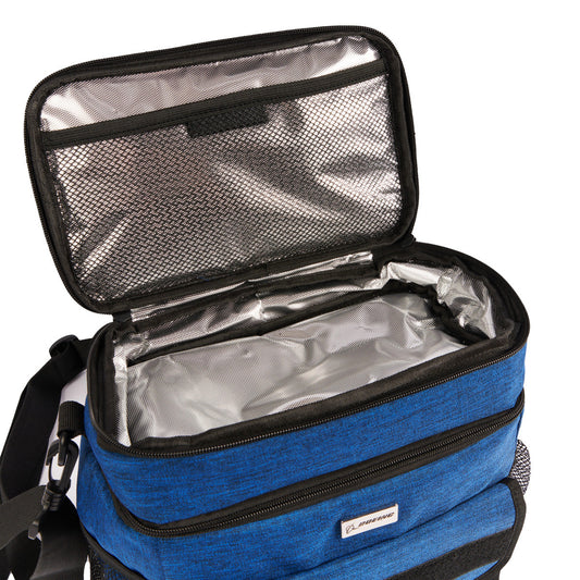 The Boeing Stores Boeing Double Deck Lunch Box is a blue soft cooler bag with black trim and a silver insulated interior with thermal insulation. It features a lid with a black mesh pocket, a removable shoulder strap, and a front pocket for convenience.