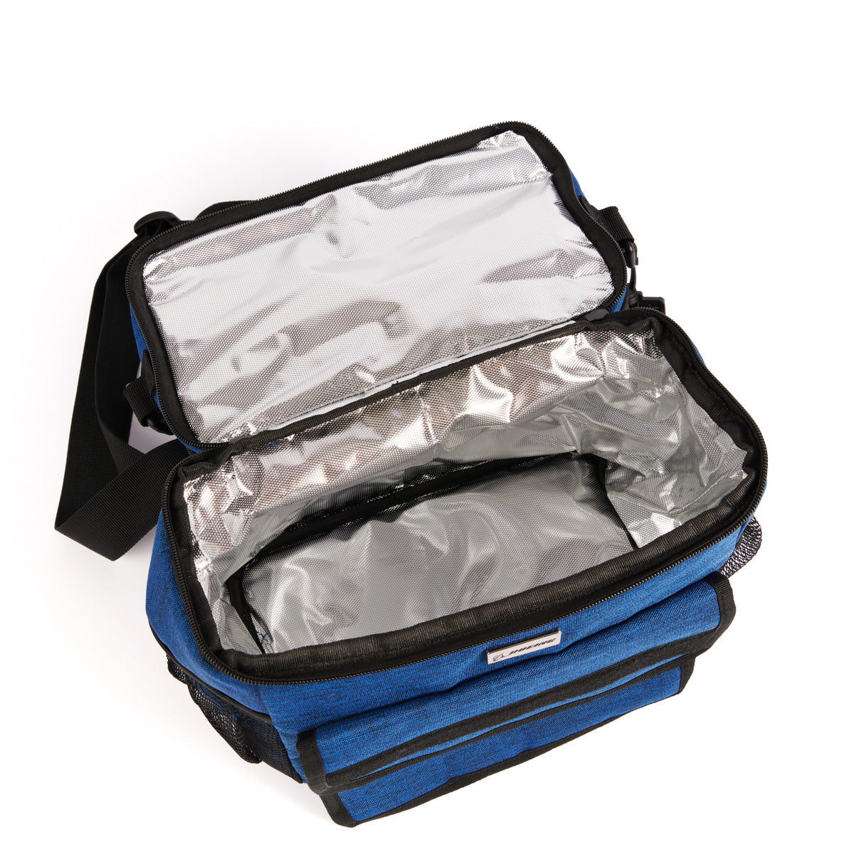 Open blue Boeing Double Deck Lunch Box from The Boeing Store with a removable shoulder strap, silver thermal lining, side pocket, and mesh detail. The top is unzipped, showcasing its shiny insulating layer for keeping contents cool.