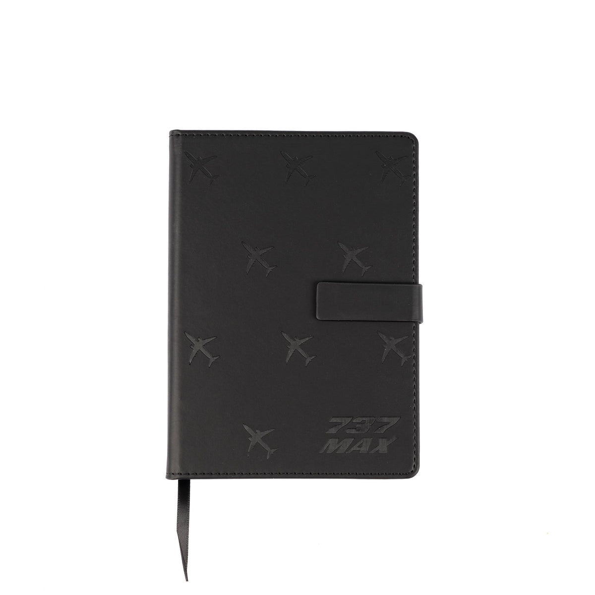 The Boeing Store’s Boeing 737 MAX Notebook features a black PU hardcover with embossed aircraft shapes and 737 MAX text, inspired by the Boeing program. It includes a strap closure and ribbon bookmark.