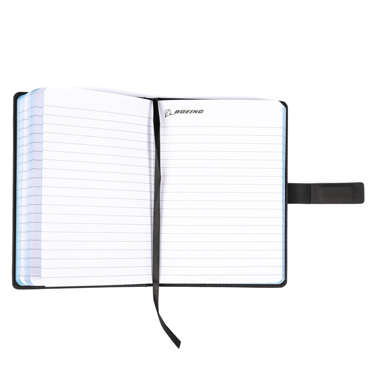 The Boeing Store’s Boeing 737 MAX Notebook is an open PU hardcover with a black cover, featuring the Boeing logo, an aircraft shape at the top of each page, and a black ribbon bookmark.