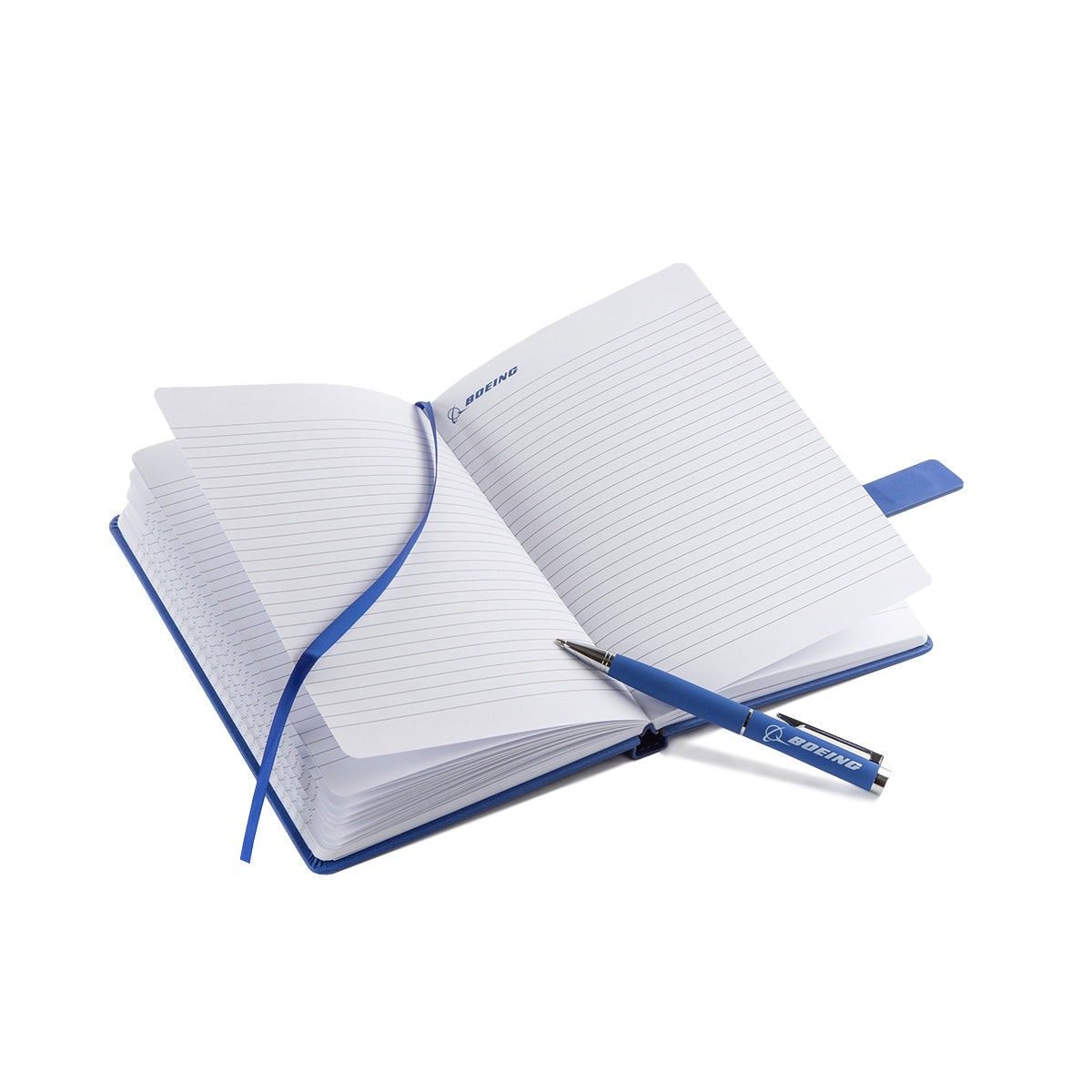 The BOEING Signature Logo Notebook Pen Set features a blue PU leather notebook with ribbon bookmark and a matching pen, both elegantly displaying the Boeing logo.