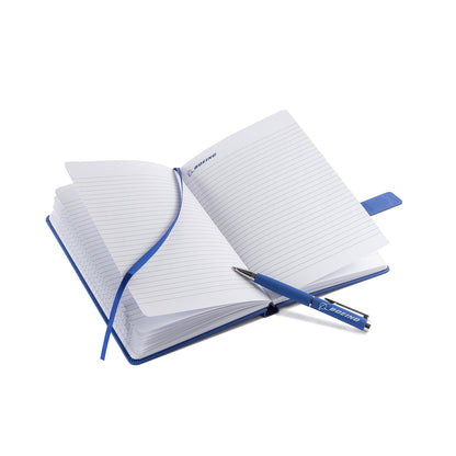 The BOEING Signature Logo Notebook Pen Set features a blue PU leather notebook with ribbon bookmark and a matching pen, both elegantly displaying the Boeing logo.