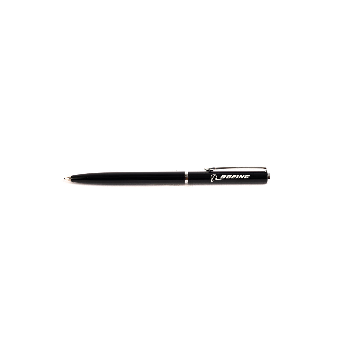 The Boeing Mini Slim Ballpoint Pen by The Boeing Store features a sleek black barrel with a white Boeing logo and silver clip, crafted from brass metal and elegantly centered on a plain white background.