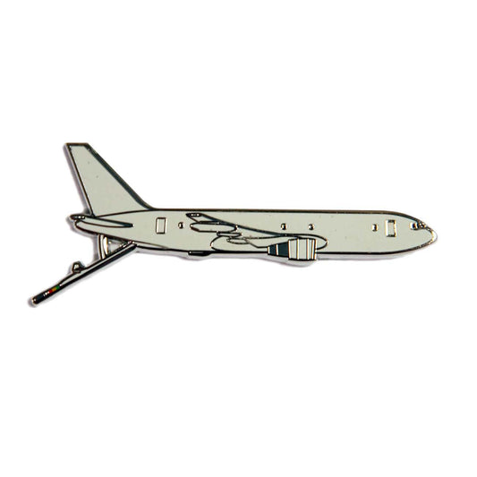 The Boeing Stores Boeing KC-46 Illustrated Magnet features a minimalist enamel design of a side-view commercial airplane, capturing the essence of classic Boeing aesthetics.