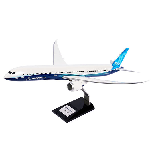 The Pacific Miniatures Boeing Unified 787-10 Dreamliner Plastic 1:144 Model features a blue and white design and is showcased on a black stand with a label.