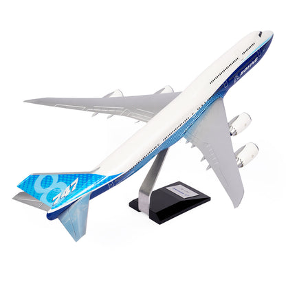 The Boeing Store’s Boeing Unified 747-8i 1:144 Model features blue and white livery and comes mounted on a black stand, capturing the aircraft in flight for a premium display.