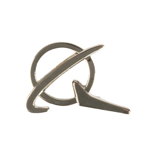 The BOEING Symbol Logo Silver Pin features a sleek, stylized ring intersected by a diagonal swoosh—reminiscent of an abstract aerospace or airline logo—inspired by modern Boeing designs. Presented on a white background, this accessory is the ideal choice for pilots and aviation enthusiasts alike.