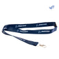 The Boeing Store's Boeing Sustainable Lanyard is made from recycled plastic bottles, features a navy blue color with the name in white, and includes a metal clasp for attaching items.