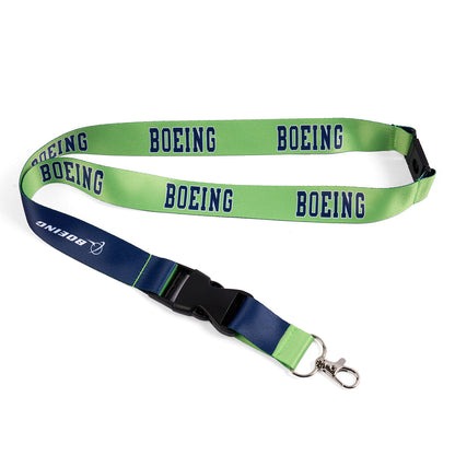 Boeing varsity logo sublimated print on the lime side.  Boeing logo sublimated print on the navy side.