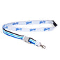 The Boeing Heritage Script Blue Seat Belt Buckle Lanyard features a white polyester strap with blue Boeing logos, blue/light blue/black stripes, a safety breakaway, metal clasp, and detachable buckle. Brand: Boeing.