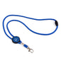 The Boeing Symbol Blue Cord Lanyard by Boeing has a round black holder, metal swivel clasp, and safety breakaway. A small emblem with a white abstract design on a blue background adds elegance.