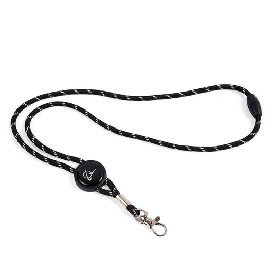 The Boeing Symbol Black Cord Lanyard, by Boeing, is a black and white braided lanyard featuring a detachable seat belt buckle, safety breakaway, round attachment point, logo, and metal clip. Its simple design is ideal for holding keys or ID badges.