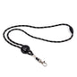 The Boeing Symbol Black Cord Lanyard, by Boeing, is a black and white braided lanyard featuring a detachable seat belt buckle, safety breakaway, round attachment point, logo, and metal clip. Its simple design is ideal for holding keys or ID badges.