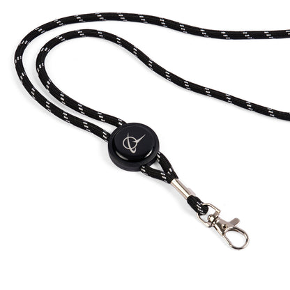 The Boeing Symbol Black Cord Lanyard, by Boeing, features a circular badge with a white logo, small white accents, and a safety breakaway. It attaches with a metal swivel clasp clip and echoes the Boeing Blue Cord style.