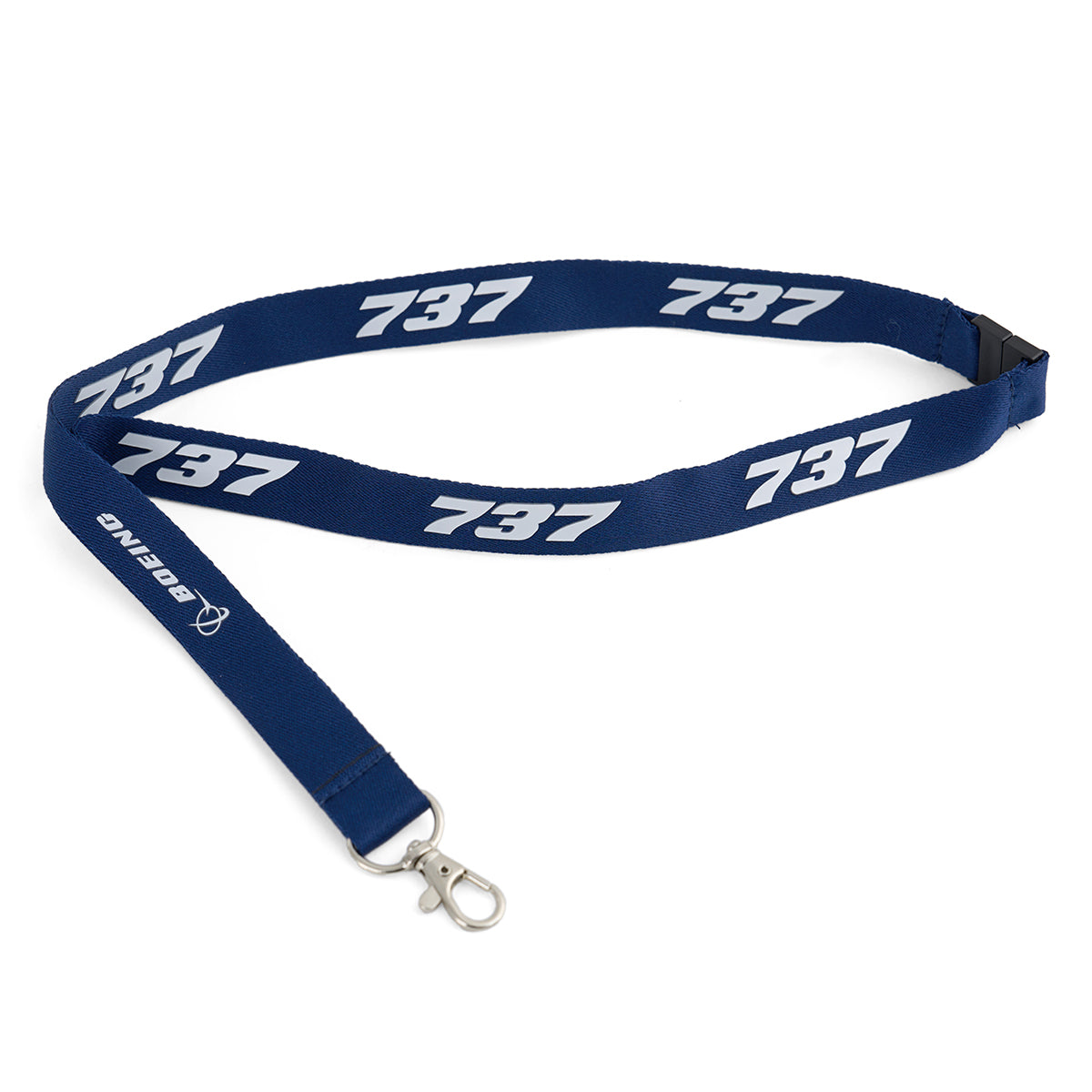 The Boeing 737 Series Lanyard by BOEING features a blue design with 737 sublimation print and logo, plus a metal swivel clip and safety breakaway for security.