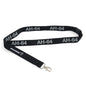 The Boeing AH-64 Apache Series Lanyard features a black design with silver AH-64, the BOEING name and logo near the sturdy metal clip, all created using sublimation print.