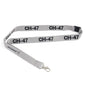 The Boeing CH-47 Chinook Series Lanyard by BOEING is gray with repeated black CH-47 prints, a company logo and name on one end, plus a metal clasp and detachable buckle.