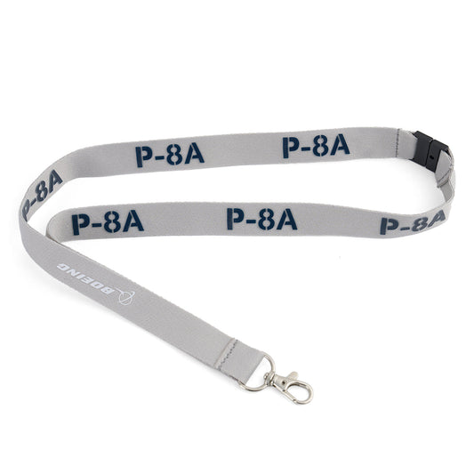 The Boeing P-8A Poseidon Series Lanyard by BOEING is gray with blue branding, featuring a metal clasp, detachable buckle, and a safety breakaway for convenience and security.