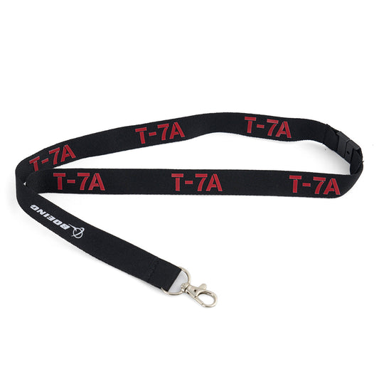 The Boeing T-7A Red Hawk Series Lanyard by BOEING features a black aviation-style design with red T-7A text, white BOEING logo, metal swivel hook, and a detachable buckle for convenience.