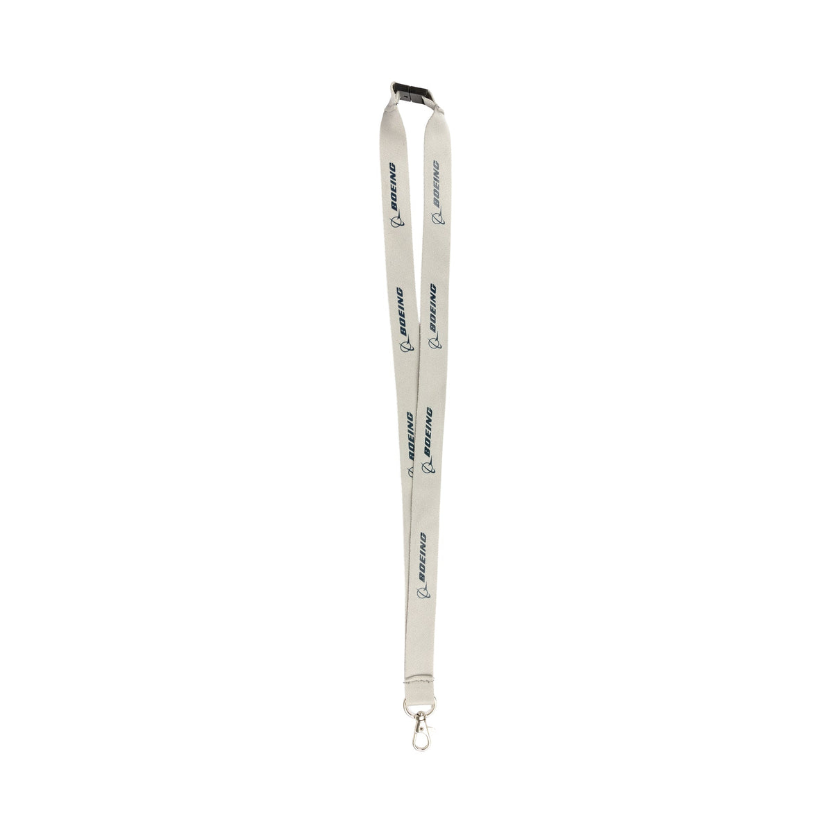 Introducing the Boeing 767 Series Lanyard by BOEING: This gray lanyard showcases the blue BOEING logo printed repeatedly along its length. It features a black plastic safety buckle at the top and a silver metal swivel clip at the bottom. Ideal for aviation enthusiasts, this lanyard is presented against a plain white background.