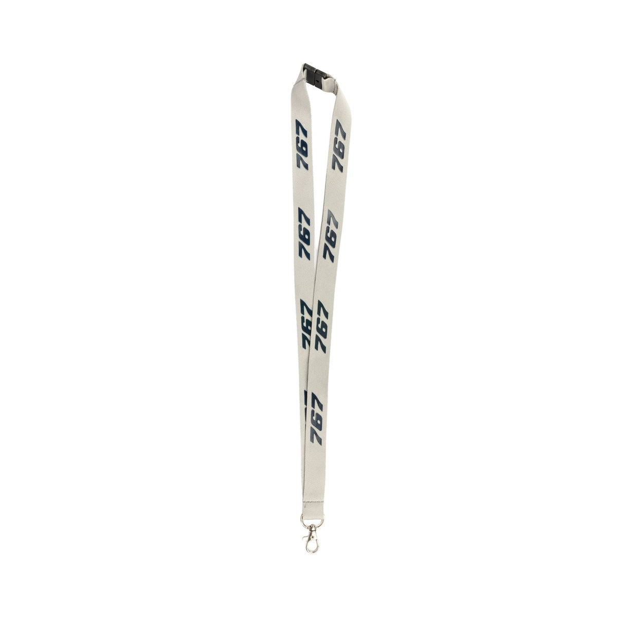 The BOEING 767 Series Lanyard is a white aviation lanyard with "767" printed repeatedly in dark blue and a metal clip at the bottom for attaching keys or ID badges.