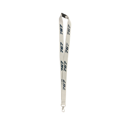 The BOEING 767 Series Lanyard is a white aviation lanyard with "767" printed repeatedly in dark blue and a metal clip at the bottom for attaching keys or ID badges.