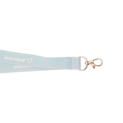 Introducing the Boeing Signature Adjustable Lanyard by BOEING—a light blue lanyard with a silver metal clasp, white printed Boeing logo, and a safety breakaway buckle for enhanced convenience and security.