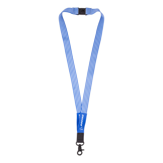 Boeing Stripe Lanyard featuring blue and white stripes, a breakaway buckle, a plastic clasp, and a black metal swivel hook for an ID badge holder.