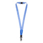 Boeing Stripe Lanyard featuring blue and white stripes, a breakaway buckle, a plastic clasp, and a black metal swivel hook for an ID badge holder.