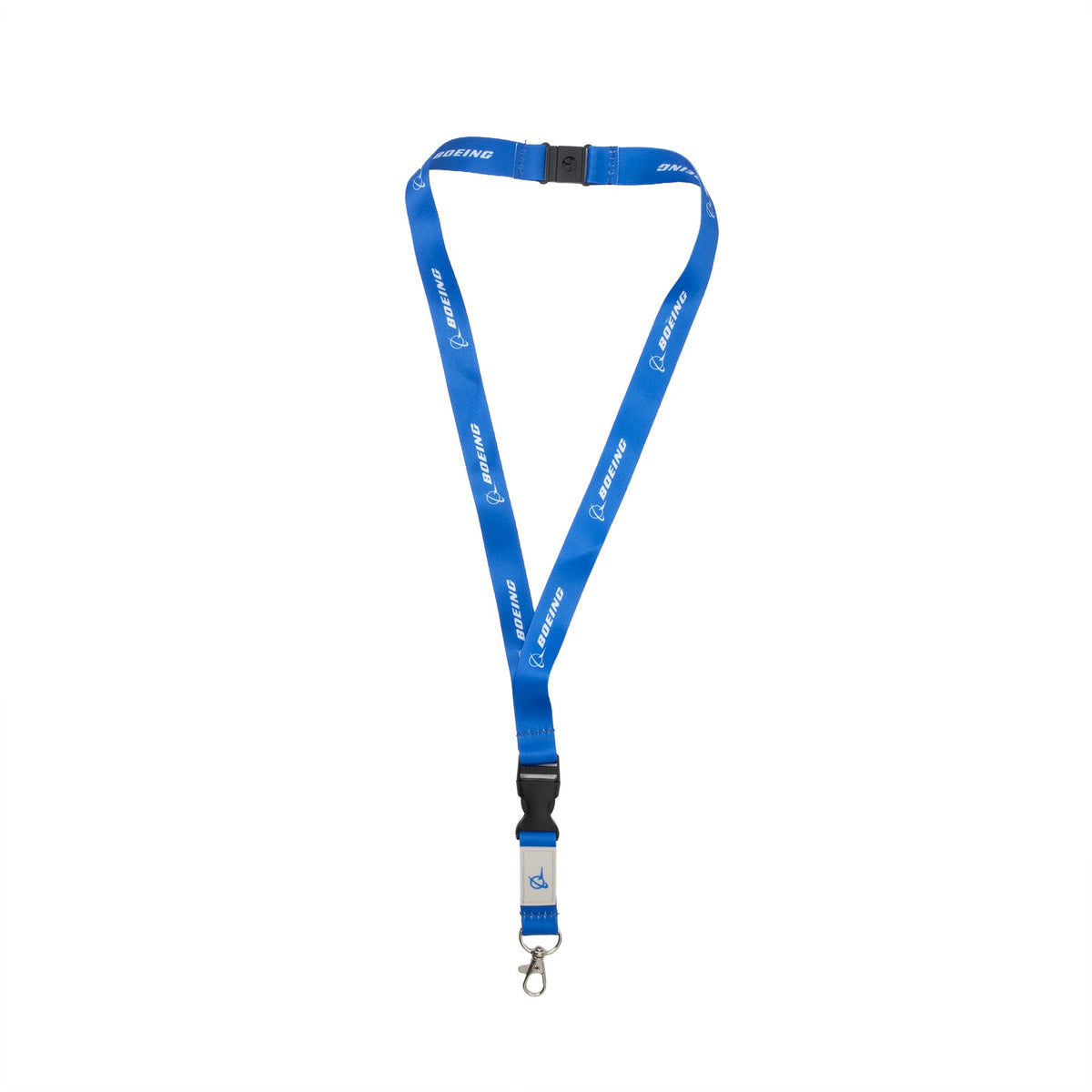 The BOEING Raised Symbol Lanyard is displayed on a white background, featuring blue fabric with white BOEING text and logos. It is equipped with a black plastic safety breakaway buckle and a silver metal clip at the end. Designed for industrial-grade durability, this lanyard offers both security and reliability.