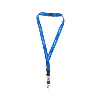 The BOEING Raised Symbol Lanyard is displayed on a white background, featuring blue fabric with white BOEING text and logos. It is equipped with a black plastic safety breakaway buckle and a silver metal clip at the end. Designed for industrial-grade durability, this lanyard offers both security and reliability.
